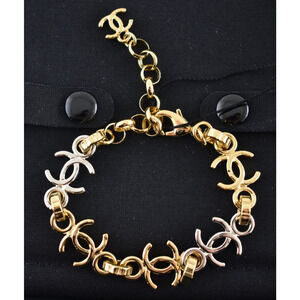 Chanel 26P Gold Silver Mixed Metal CC Logo Chain Link Adjustable Arm Bracelet